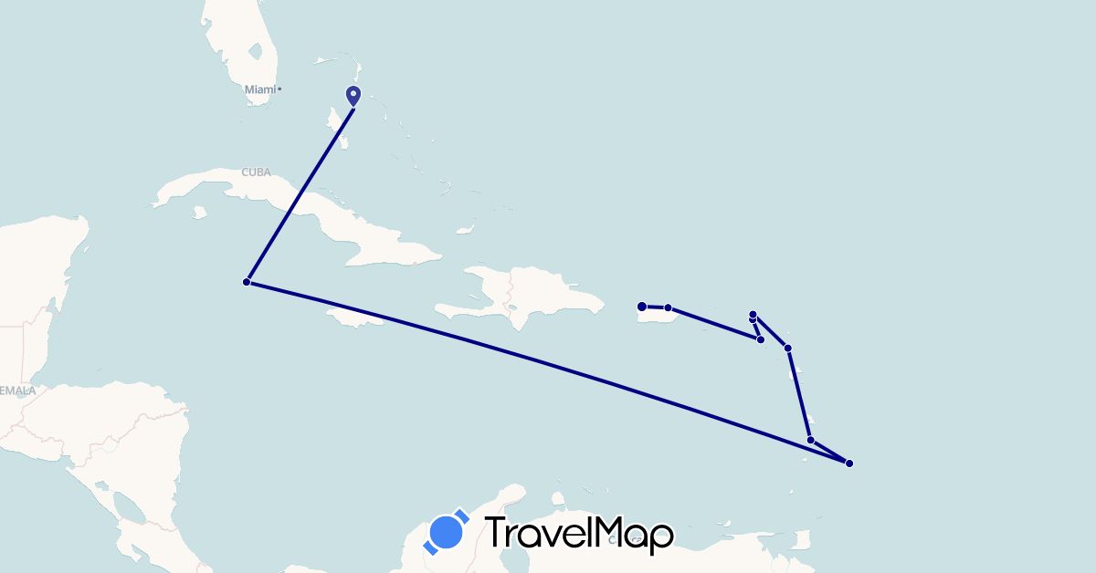 TravelMap itinerary: driving in Antigua and Barbuda, Anguilla, Barbados, Bahamas, Saint Kitts and Nevis, Cayman Islands, Saint Lucia, Netherlands, United States (Europe, North America)